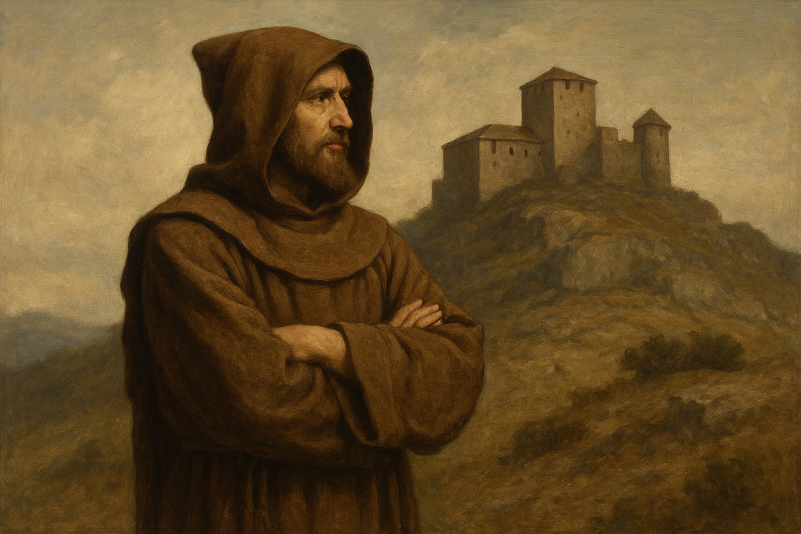 Pious monk with small fortress in background
